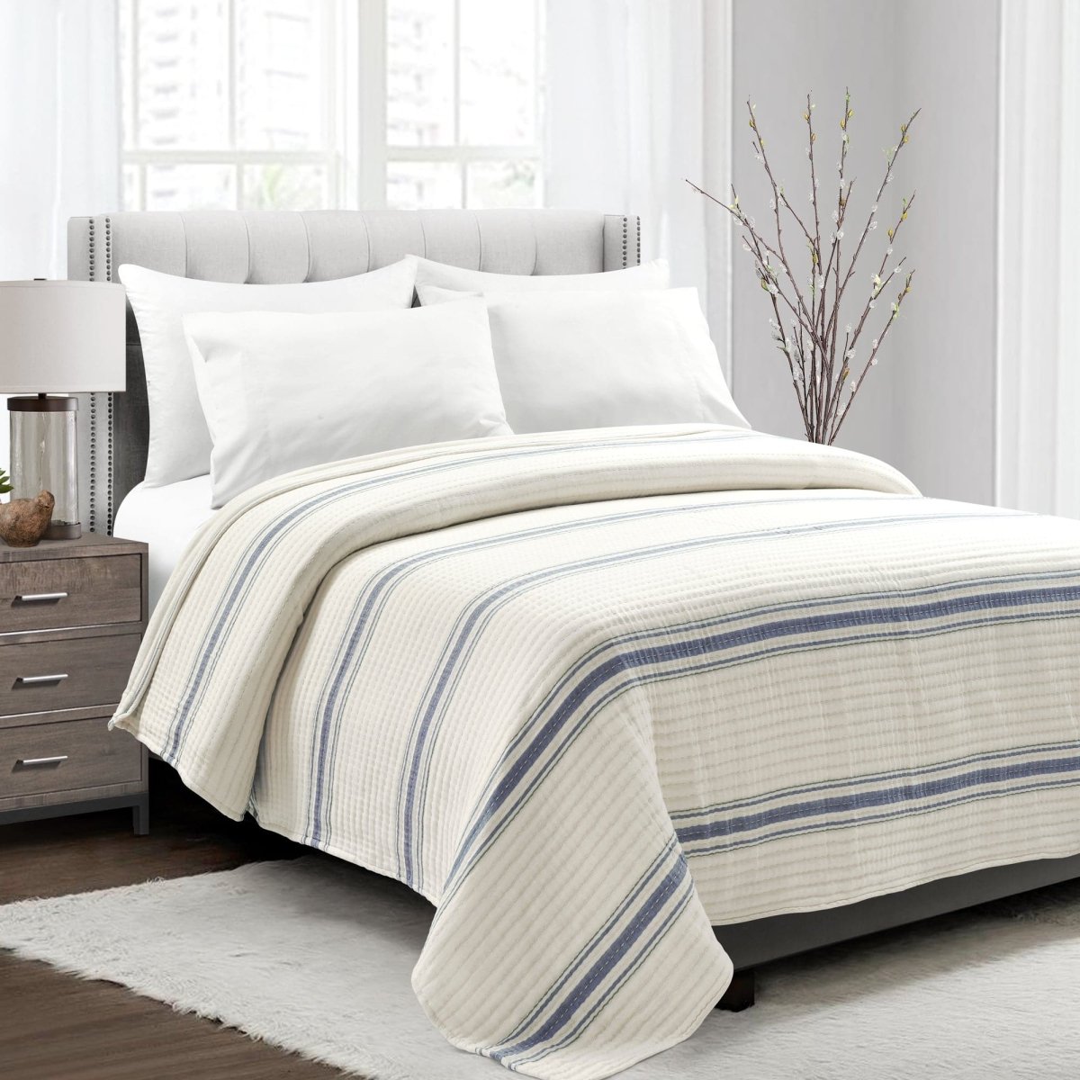 Farmhouse Stripe Kantha Pick Stitch Yarn Dyed Cotton Woven Blanket/quilt/coverlet