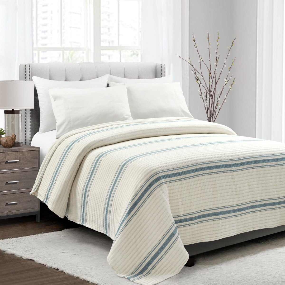 Farmhouse Stripe Kantha Pick Stitch Yarn Dyed Cotton Woven Blanket/quilt/coverlet