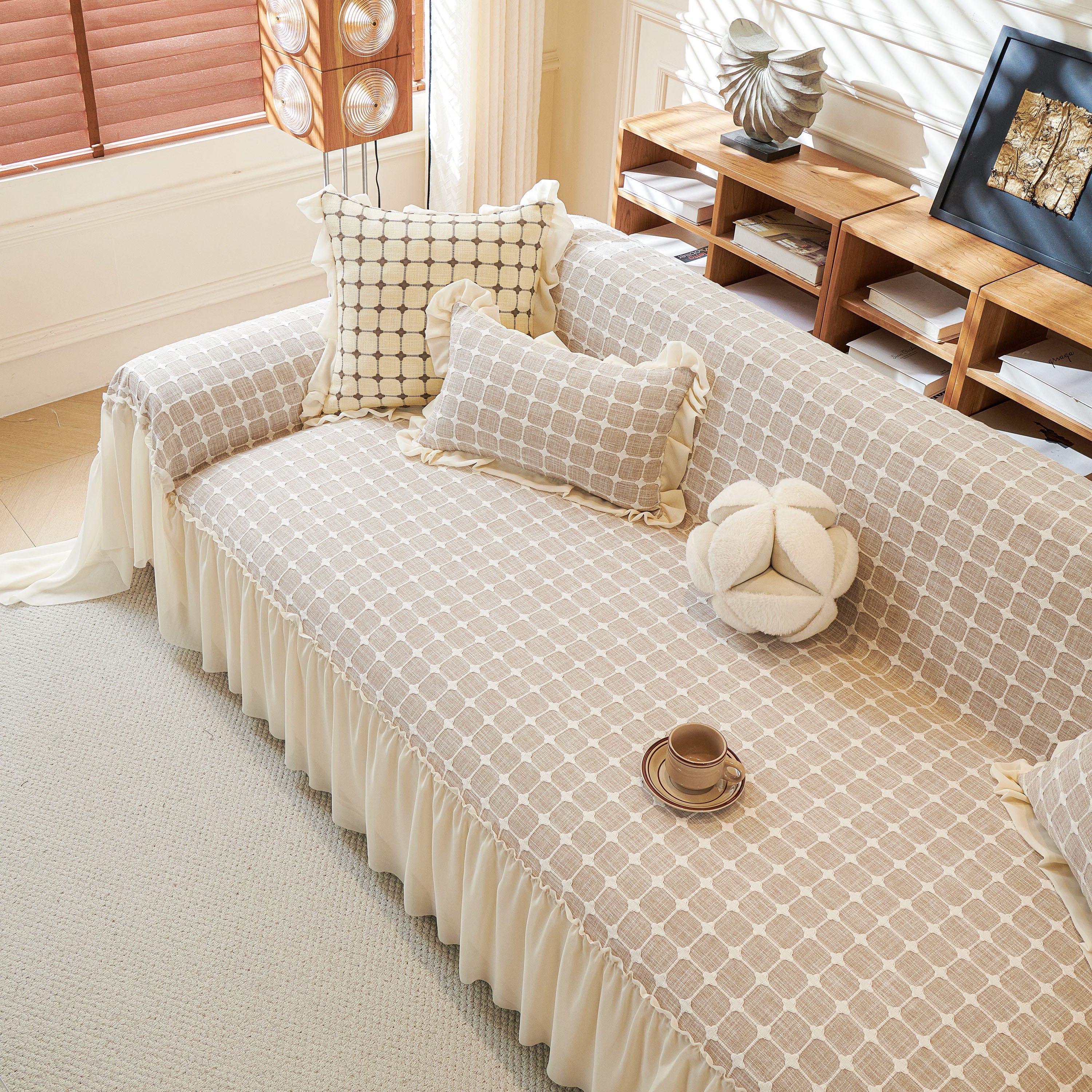 Grid Textured Sofa Cover With Sheer Ruffle Skirt, Pet-friendly Sofa Throw Slipcover