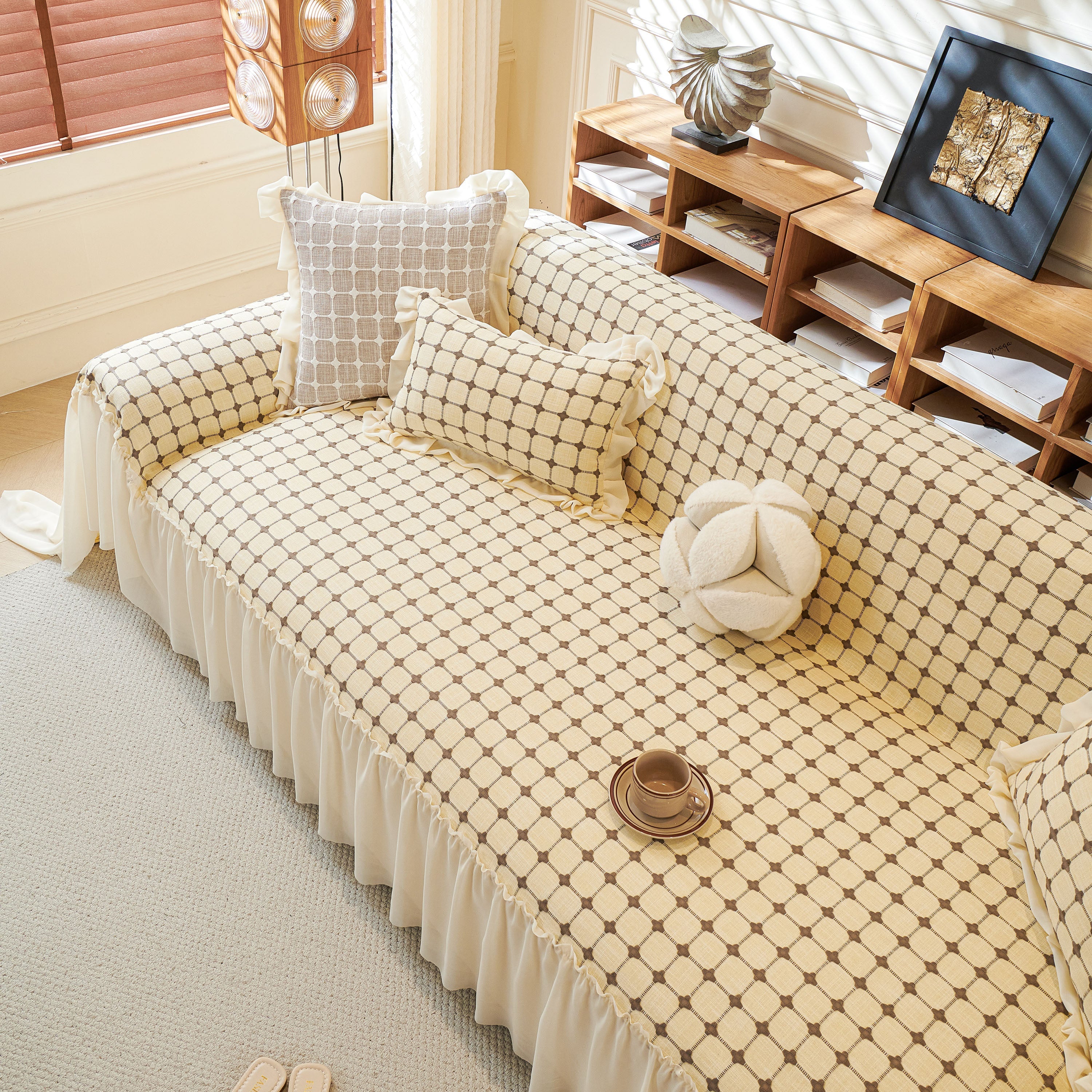 Grid Textured Sofa Cover With Sheer Ruffle Skirt, Pet-friendly Sofa Throw Slipcover