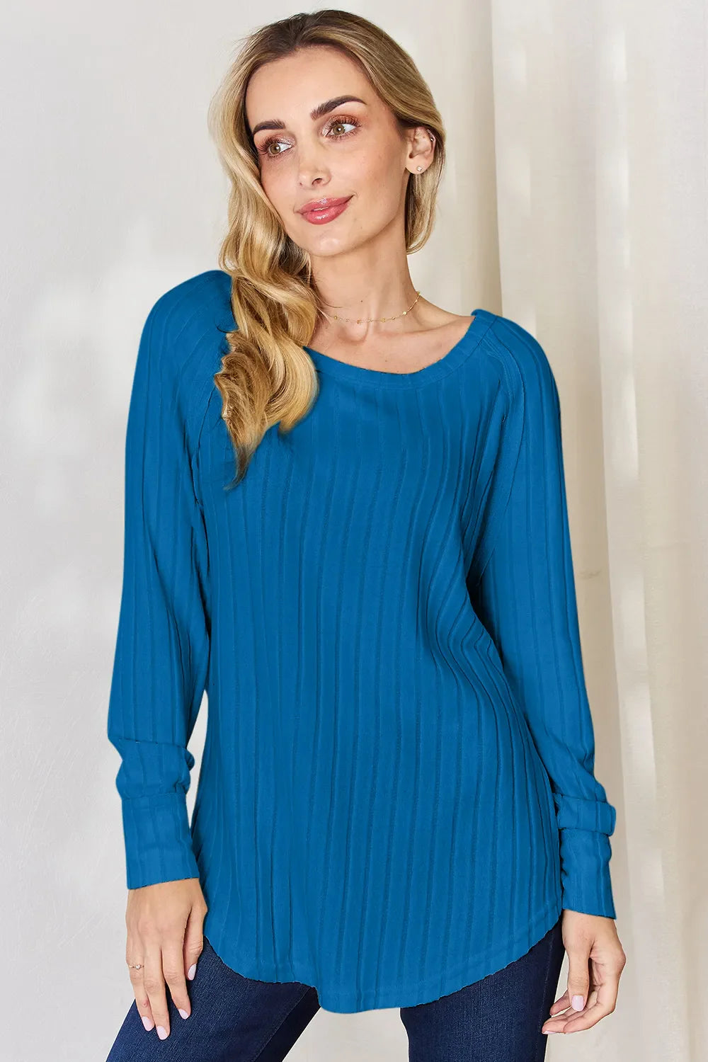 Basic Bae Full Size Ribbed Round Neck Slit Knit Top | Includes Plus Size