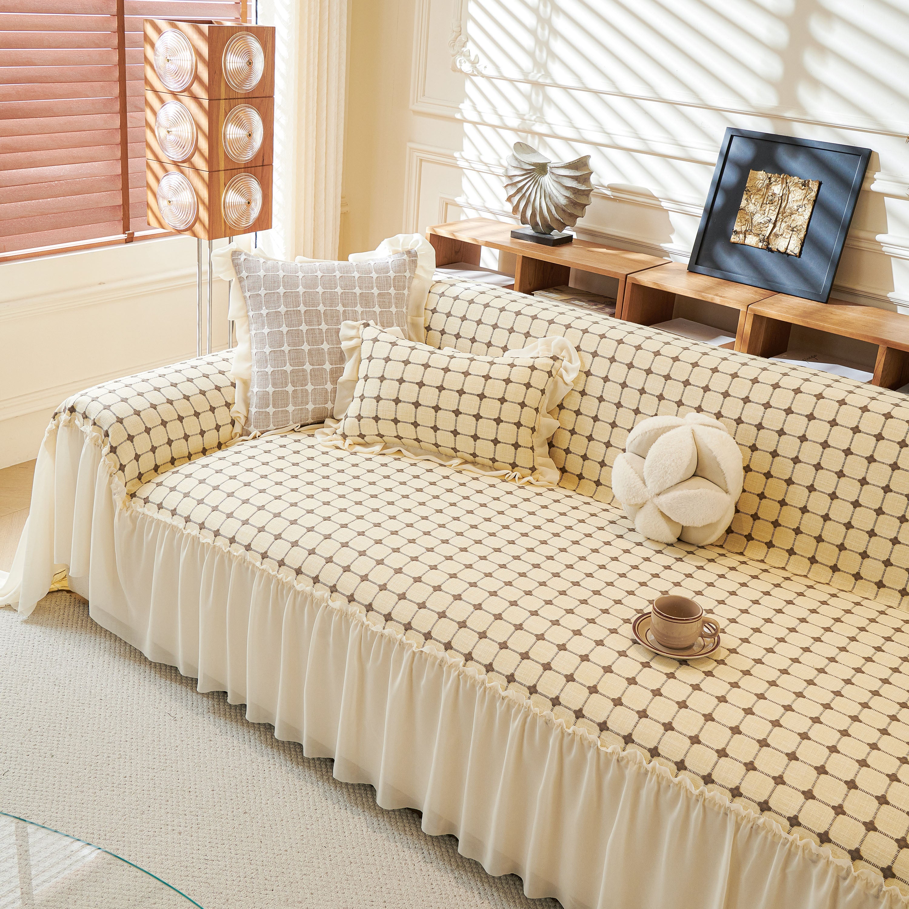 Grid Textured Sofa Cover With Sheer Ruffle Skirt, Pet-friendly Sofa Throw Slipcover