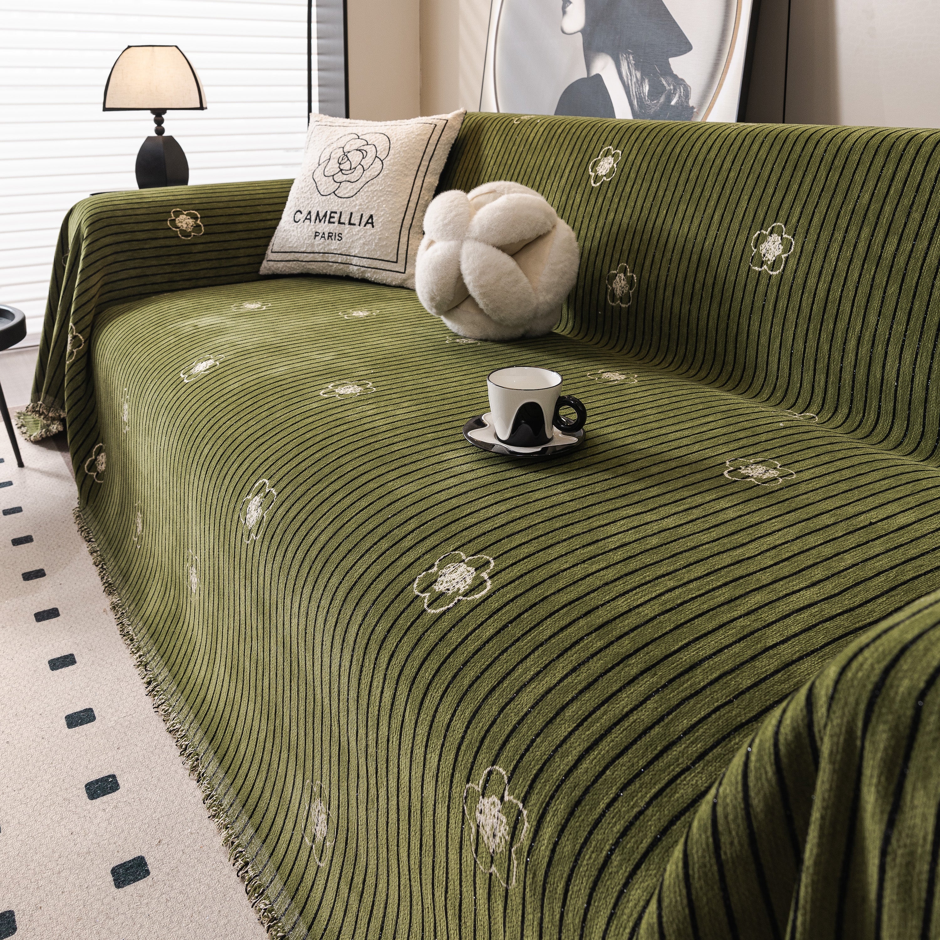 Chenille Camellia Floral Sofa Throw Cover Couch Blanket With Striped Jacquard