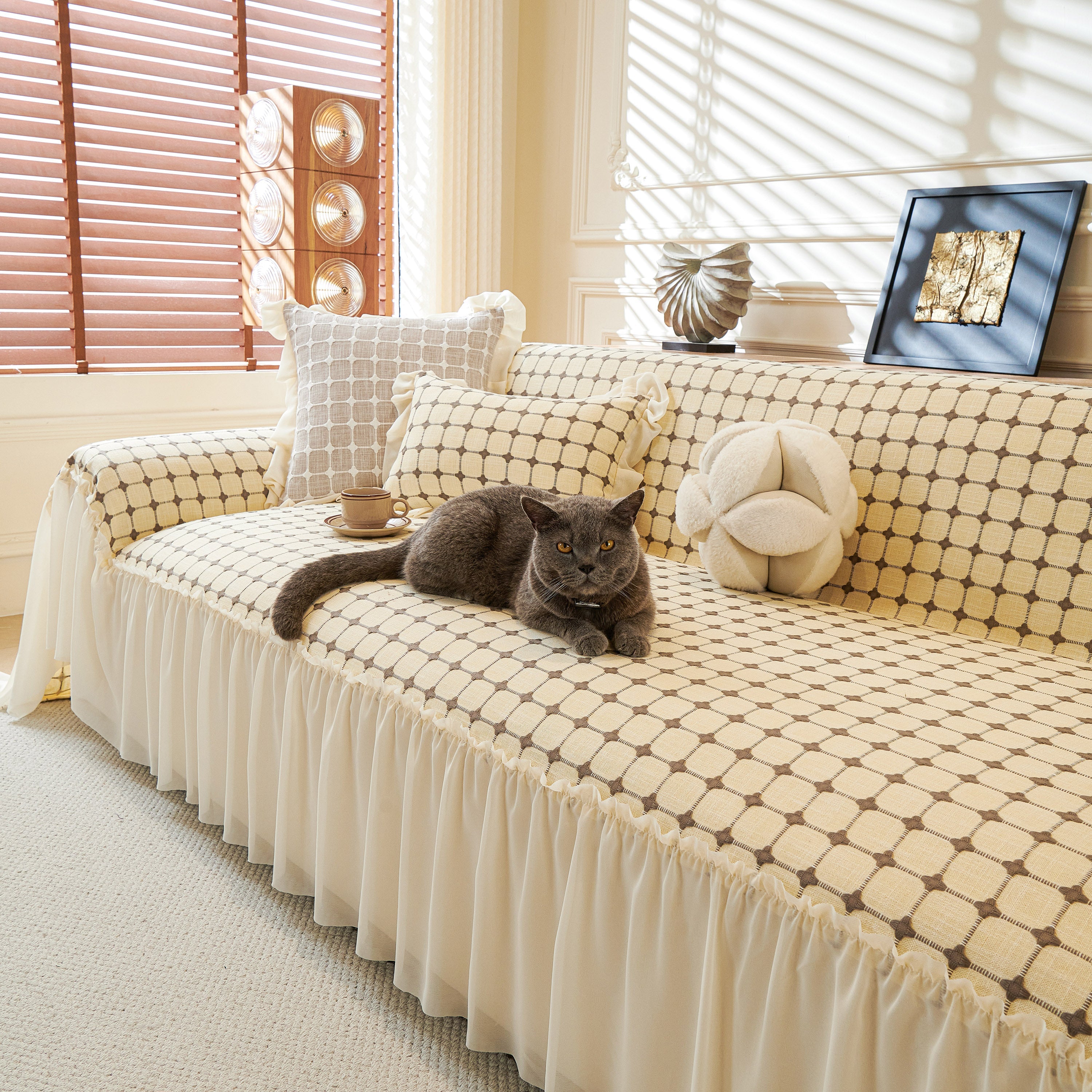 Grid Textured Sofa Cover With Sheer Ruffle Skirt, Pet-friendly Sofa Throw Slipcover