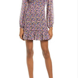 Floret Studios Floral Ruched Balloon Sleeve Minidress In Black Multi Floral Size Medium