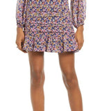 Floret Studios Floral Ruched Balloon Sleeve Minidress In Black Multi Floral Size Medium