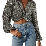 Astr The Label Twist Sequin Crop Top, Black Rainbow, Size Large
