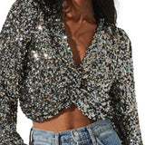 Astr The Label Twist Sequin Crop Top, Black Rainbow, Size Large