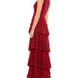 Mac Duggal Tiered Column Gown with Floral Appliqué, Burgundy - Size 12