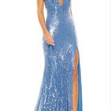 Mac Duggal Sequin Halter Neck Gown in Cerulean Blue Size 4