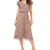 MSK Women's Flutter Sleeve Smocked Waist Midi Dress Brown Size Small