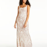 Jump Women's Embellished Shimmering Patterned Sleeveless Square Neck Full Length Formal Sheath Dress White Size 13-14