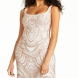 Jump Women's Embellished Shimmering Patterned Sleeveless Square Neck Full Length Formal Sheath Dress White Size 13-14
