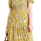 Michael Kors Women's Paisley Smocked Midi Dress Yellow Size Medium