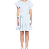 Michael Kors Women's Zippered Ruffled Unlined Tie Belt Striped Short Sleeve Crew Neck Above The Knee Faux Wrap Dress Blue Size Petite X-Small