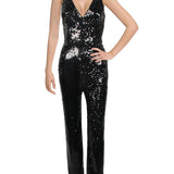 Dress The Population Women's Black Sequin V Neck Jumpsuit Size Medium