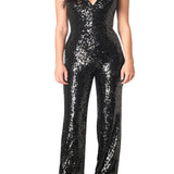 Dress The Population Women's Black Sequin V Neck Jumpsuit Size Medium