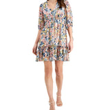 Taylor Women's Floral Print Smocked Waist A Line Dress White Size 4 Petite