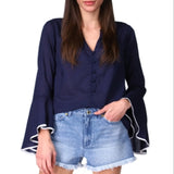 Michael Kors Women's Cotton Flounce Sleeve Top Blue Size X-Large