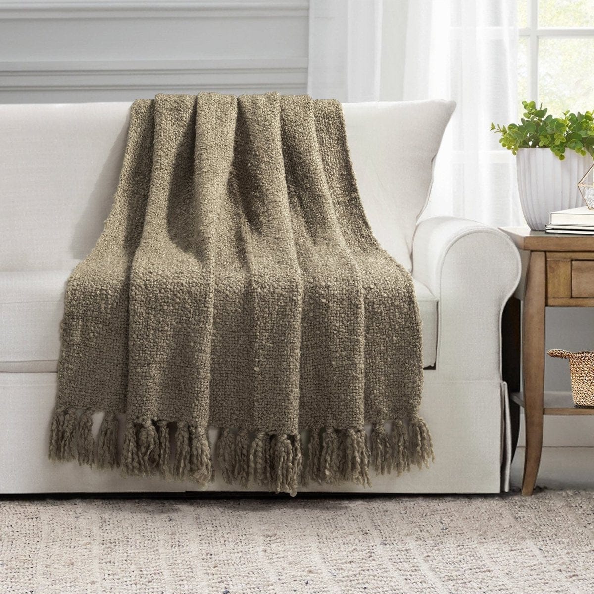 Tulum Boucle Textured Woven Fringed Throw Blanket