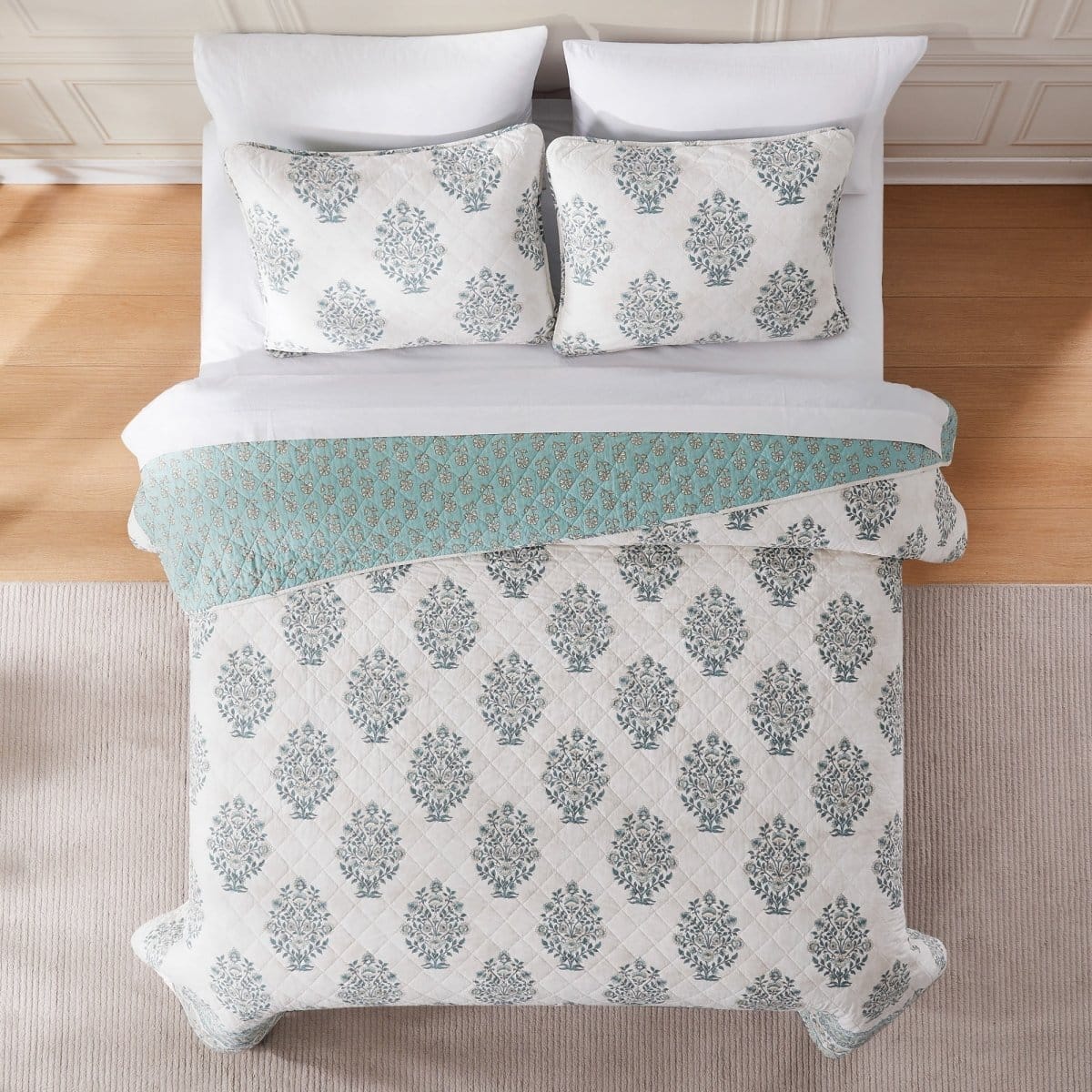 Sofia Flower Block Bouquet Reversible Cotton Quilt 3pc Set