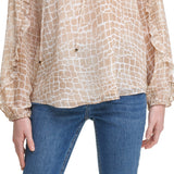 Calvin Klein Women's Printed Ruffle Trim Long Sleeve Blouse Brown Size X-Large