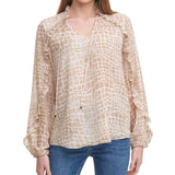 Calvin Klein Women's Printed Ruffle Trim Long Sleeve Blouse Brown Size X-Large