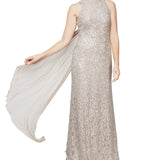 Alex Evenings Women's Sequin & Lace Drape Back Gown Beige Size 12