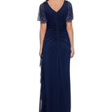 Betsy & Adam Women's Embellished Zippered Ruched Flutter Sleeve Boat Neck Full-Length Formal Gown Dress Blue Size 4