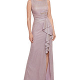 Betsy & Adam Women's Ruffled Front Glitter Gown Pink Size Medium