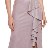 Betsy & Adam Women's Ruffled Front Glitter Gown Pink Size Medium