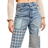 Free People Women's Steinbeck Patchwork High Waist Straight Leg Jeans Blue Size 32