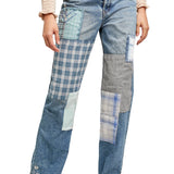 Free People Women's Steinbeck Patchwork High Waist Straight Leg Jeans Blue Size 32