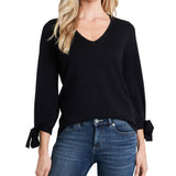 CeCe Women's Bow Tie Cuff Long Sleeve V Neck Sweater Black Size Small
