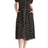 Madewell Smocked Square Neck Cotton Blend Dress in Ditsy Floral True Black Size Large