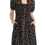 Madewell Smocked Square Neck Cotton Blend Dress in Ditsy Floral True Black Size Large