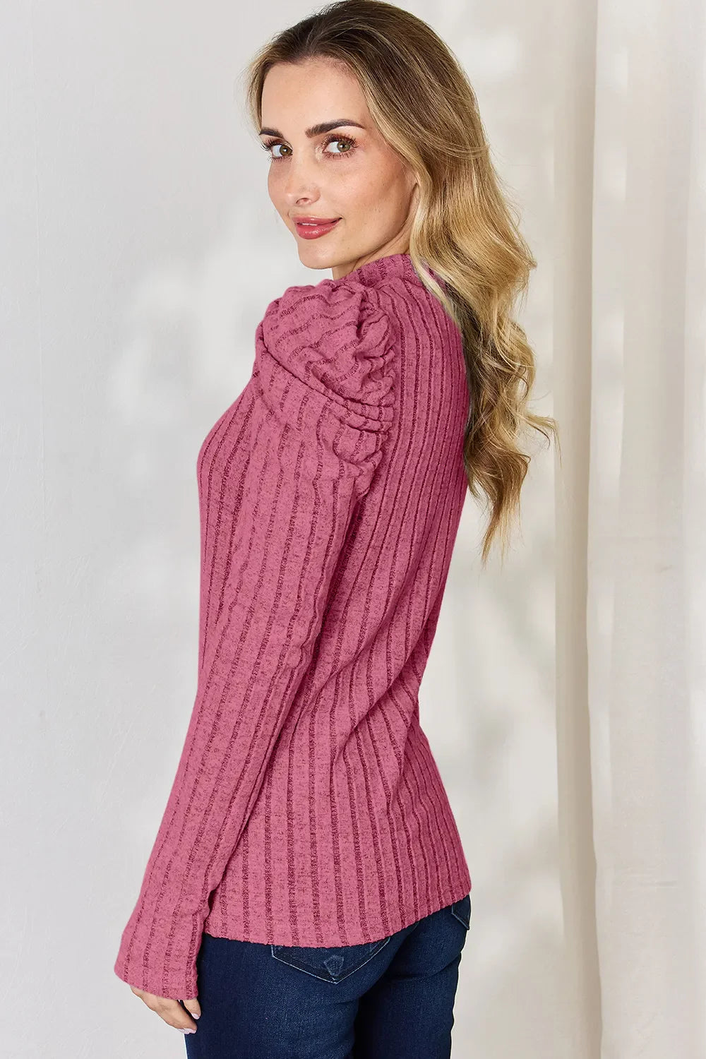 Basic Bae Full Size Ribbed Mock Neck Puff Sleeve T-shirt | Includes Plus Size