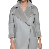 Calvin Klein Women's Pocketed Faux Leather Faux Shearling Collared Button Down Winter Jacket Coat Gray Size X-Small