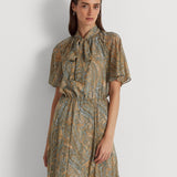 Ralph Lauren Women's Paisley Short Sleeve Tie Neck Midi Wear To Work Shift Dress White Size 10