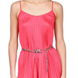 Michael Kors Women's Pleated Chain Belt Slip Midi Dress Pink