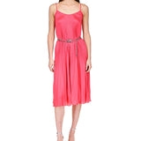 Michael Kors Women's Pleated Chain Belt Slip Midi Dress Pink