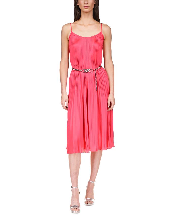 Michael Kors Women's Pleated Chain Belt Slip Midi Dress Pink