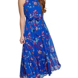 Calvin Klein Women's Floral Print Belted Tiered Halter Maxi Dress Blue Size 12 Petite