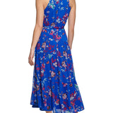 Calvin Klein Women's Floral Print Belted Tiered Halter Maxi Dress Blue Size 12 Petite