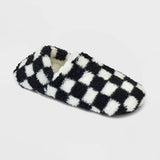 Women's Checkered Print Cozy Fleece Pull-On Slipper Socks with Grippers Black/Ivory Size S