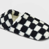 Women's Checkered Print Cozy Fleece Pull-On Slipper Socks with Grippers Black/Ivory Size S