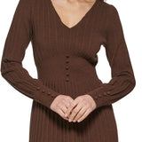 Kensie Women's Pintuck Long Sleeve Sweater Knit Dress Brown Size Medium