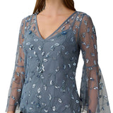 Adrianna Papell Women's V Neck Embellished Flare Sleeve Top Blue Size 10
