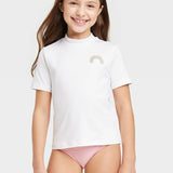 Cat & Jack Girls' Short Sleeve Rainbow Rash Guard Top White L