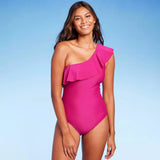 Kona Sol Women's Ruffle One Shoulder Full Coverage One Piece Swimsuit Pink Size S